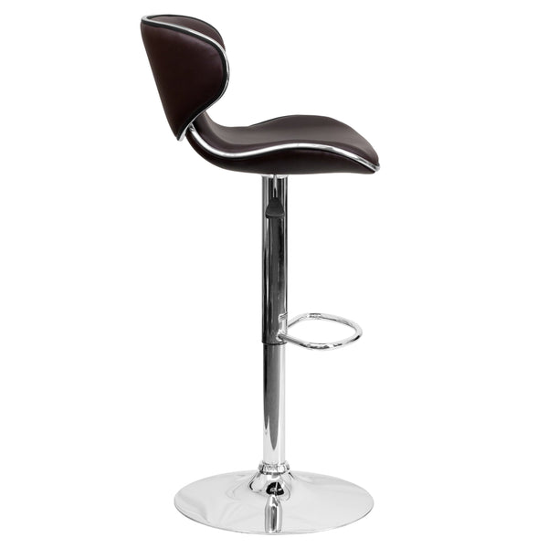 Brown |#| Contemporary Cozy Mid-Back Brown Vinyl Adjustable Height Barstool w/ Chrome Base