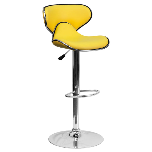 Yellow |#| Contemporary Cozy Mid-Back Yellow Vinyl Adjustable Height Barstool w/Chrome Base