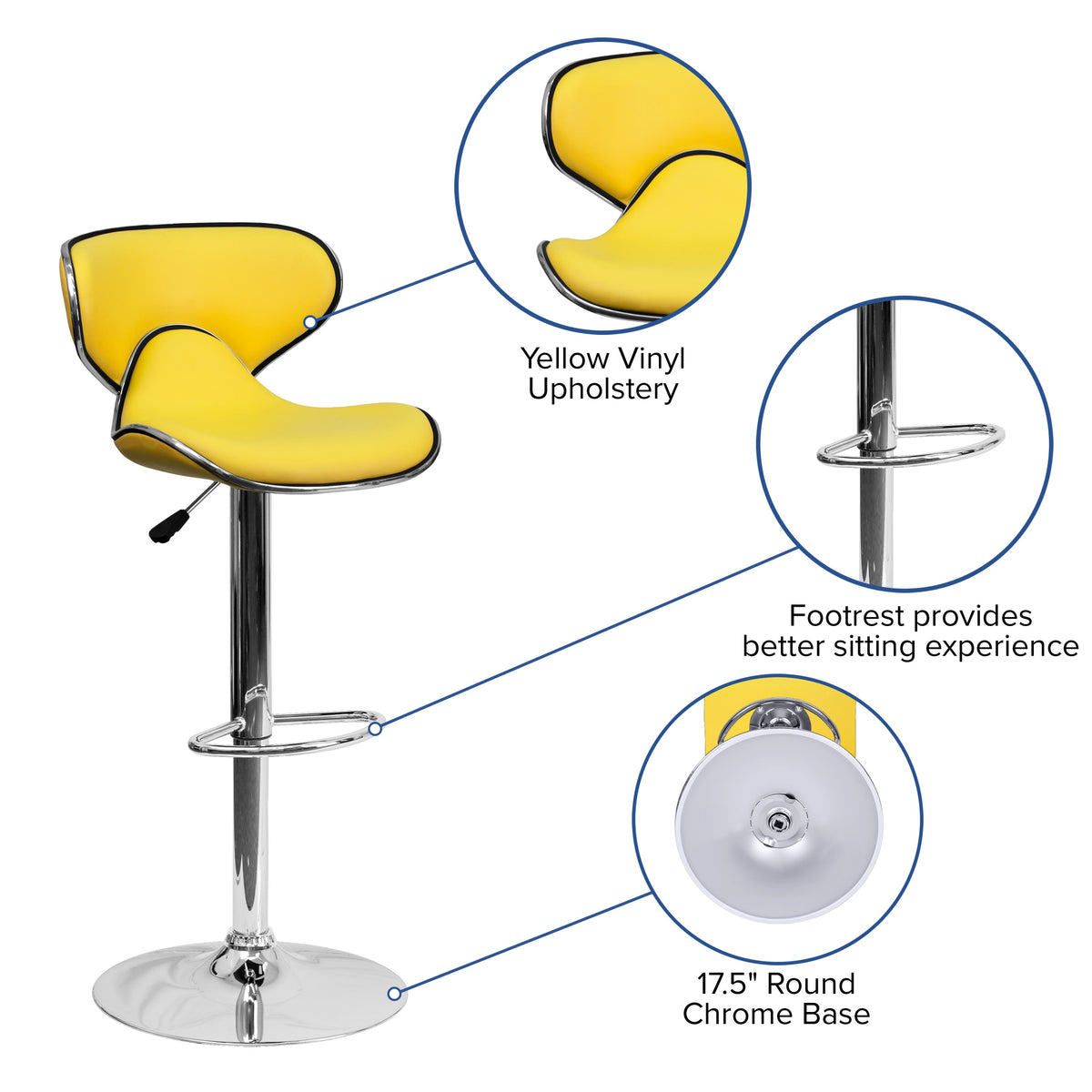 Yellow |#| Contemporary Cozy Mid-Back Yellow Vinyl Adjustable Height Barstool w/Chrome Base