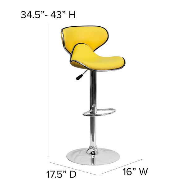 Yellow |#| Contemporary Cozy Mid-Back Yellow Vinyl Adjustable Height Barstool w/Chrome Base