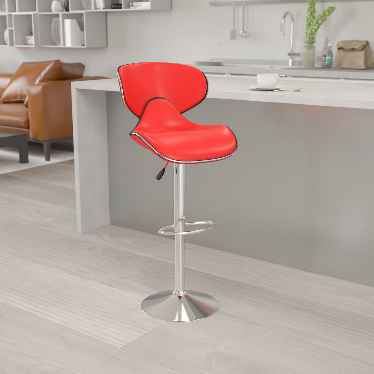 Red |#| Contemporary Cozy Mid-Back Red Vinyl Adjustable Height Barstool with Chrome Base