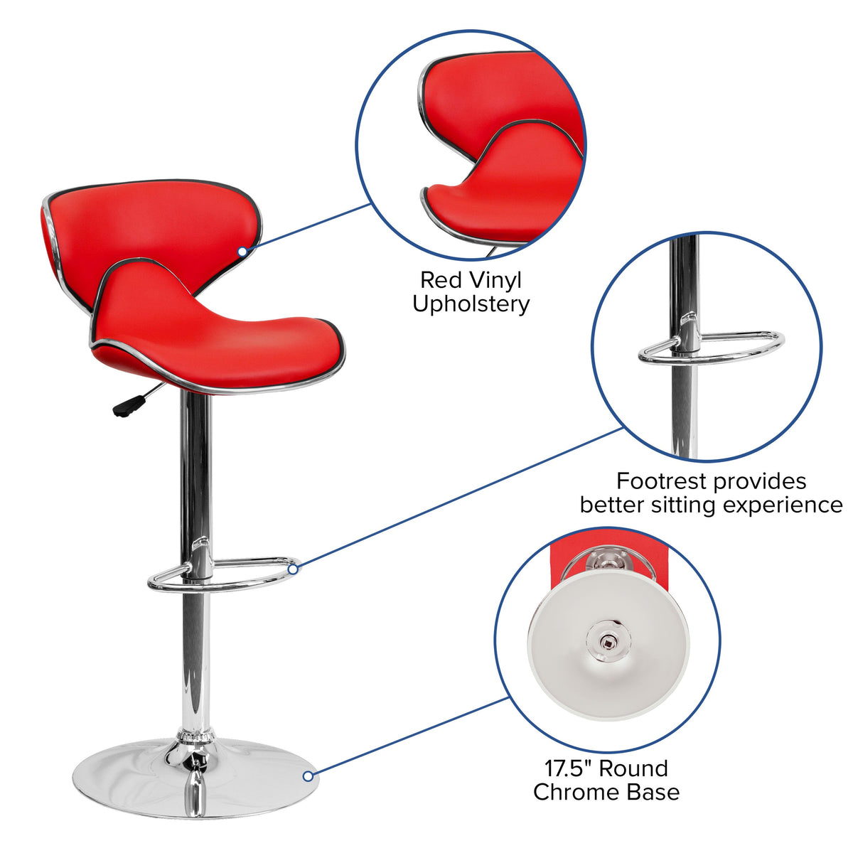 Red |#| Contemporary Cozy Mid-Back Red Vinyl Adjustable Height Barstool with Chrome Base