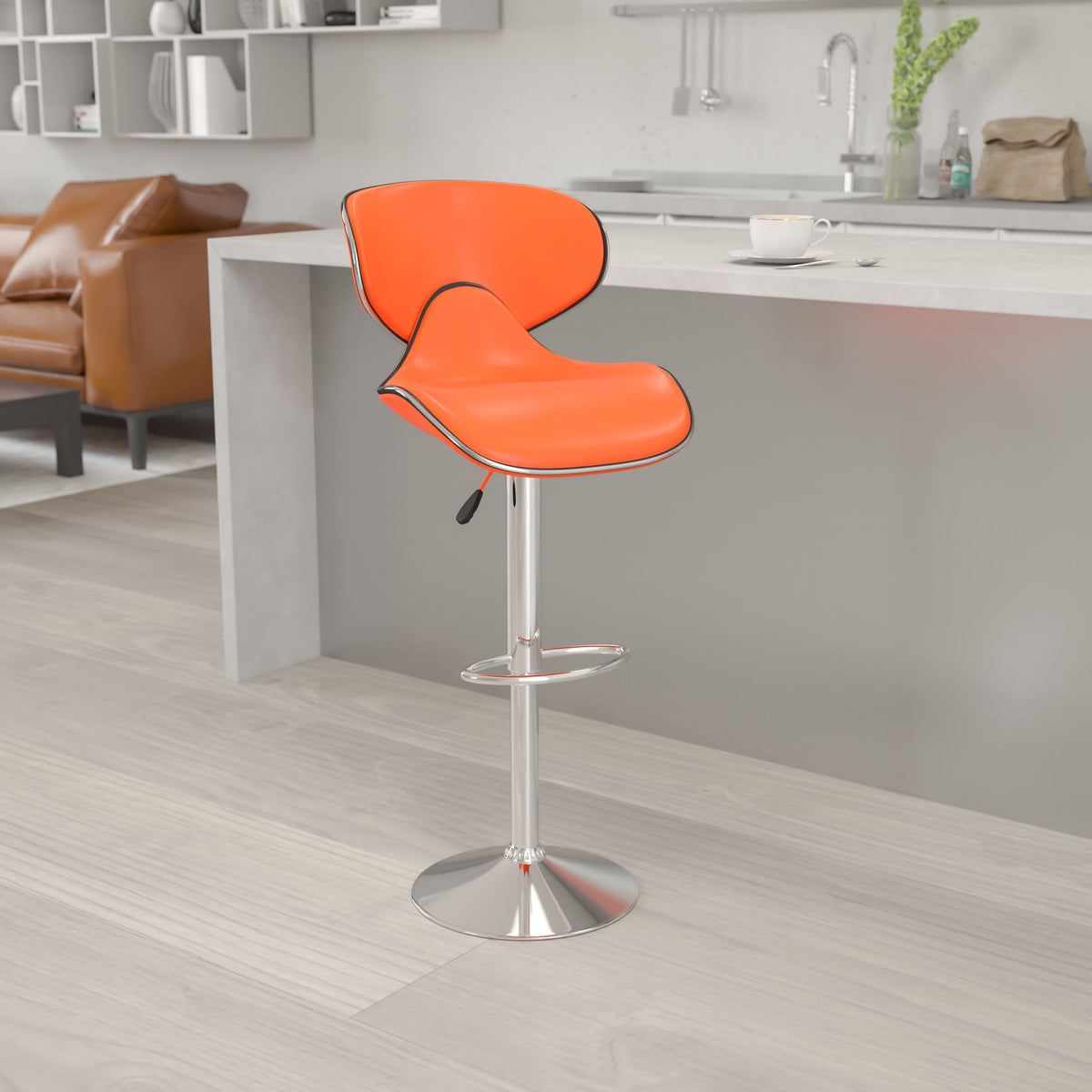 Orange |#| Contemporary Cozy Mid-Back Orange Vinyl Adjustable Height Barstool w/Chrome Base