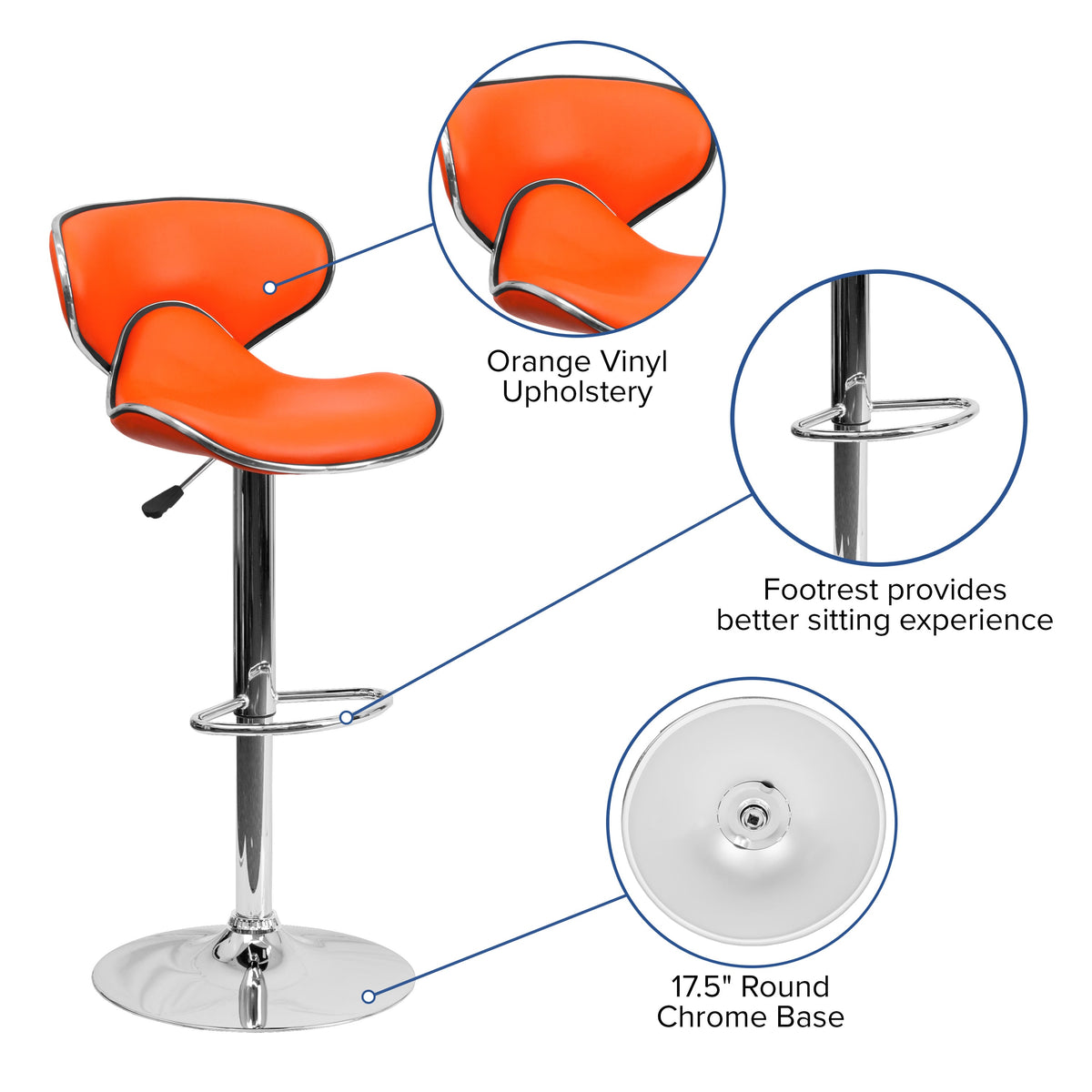 Orange |#| Contemporary Cozy Mid-Back Orange Vinyl Adjustable Height Barstool w/Chrome Base