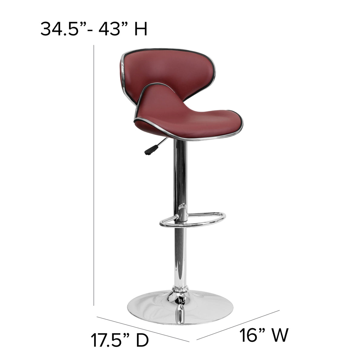 Burgundy |#| Contemporary Mid-Back Burgundy Vinyl Adjustable Height Barstool w/ Chrome Base