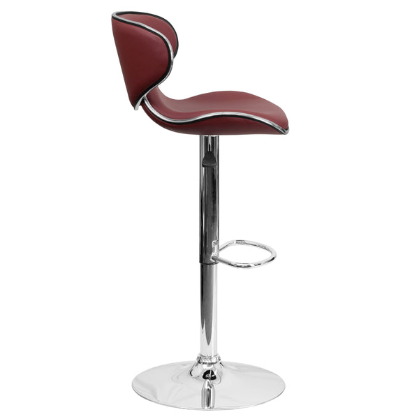 Burgundy |#| Contemporary Mid-Back Burgundy Vinyl Adjustable Height Barstool w/ Chrome Base