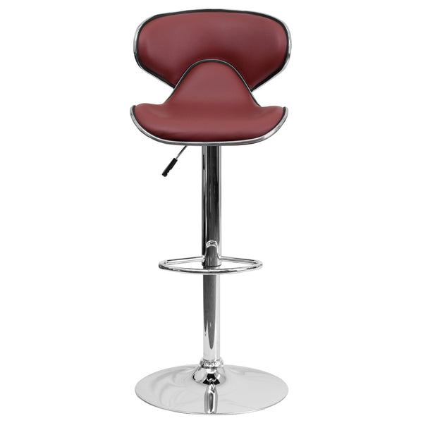 Burgundy |#| Contemporary Mid-Back Burgundy Vinyl Adjustable Height Barstool w/ Chrome Base