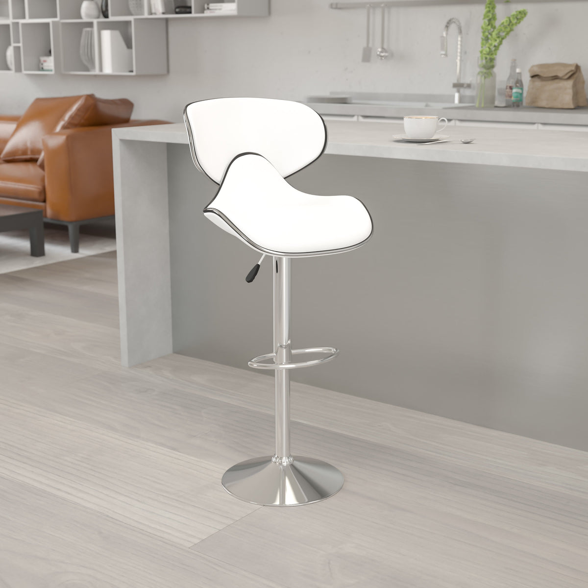 White |#| Contemporary Cozy Mid-Back White Vinyl Adjustable Height Barstool w/ Chrome Base