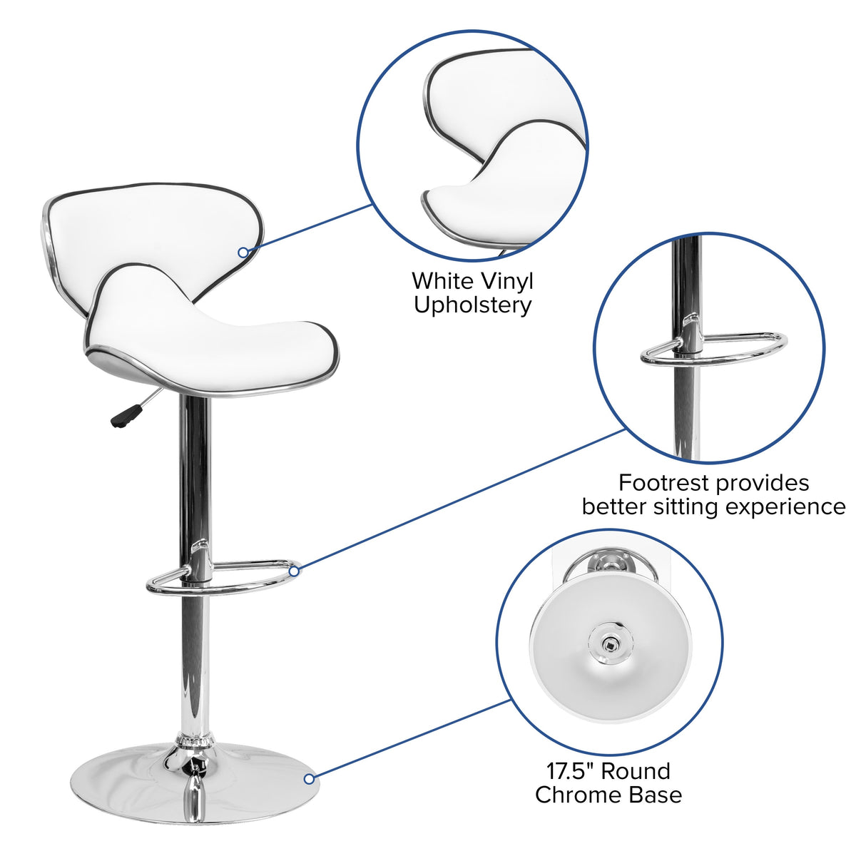 White |#| Contemporary Cozy Mid-Back White Vinyl Adjustable Height Barstool w/ Chrome Base