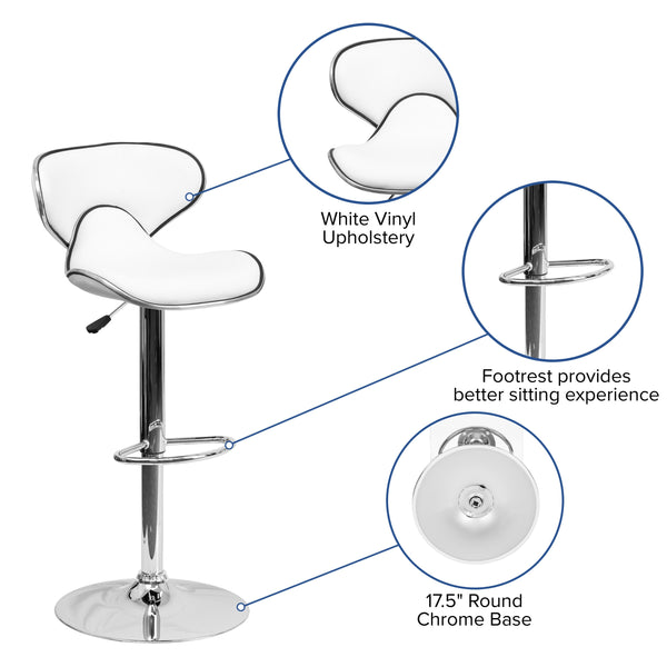 White |#| Contemporary Cozy Mid-Back White Vinyl Adjustable Height Barstool w/ Chrome Base