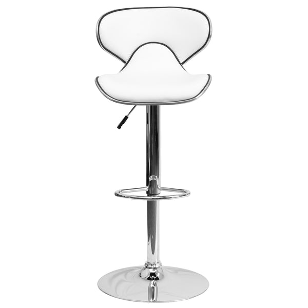 White |#| Contemporary Cozy Mid-Back White Vinyl Adjustable Height Barstool w/ Chrome Base