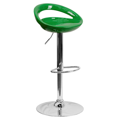 Contemporary Plastic Adjustable Height Barstool with Rounded Cutout Back and Chrome Base