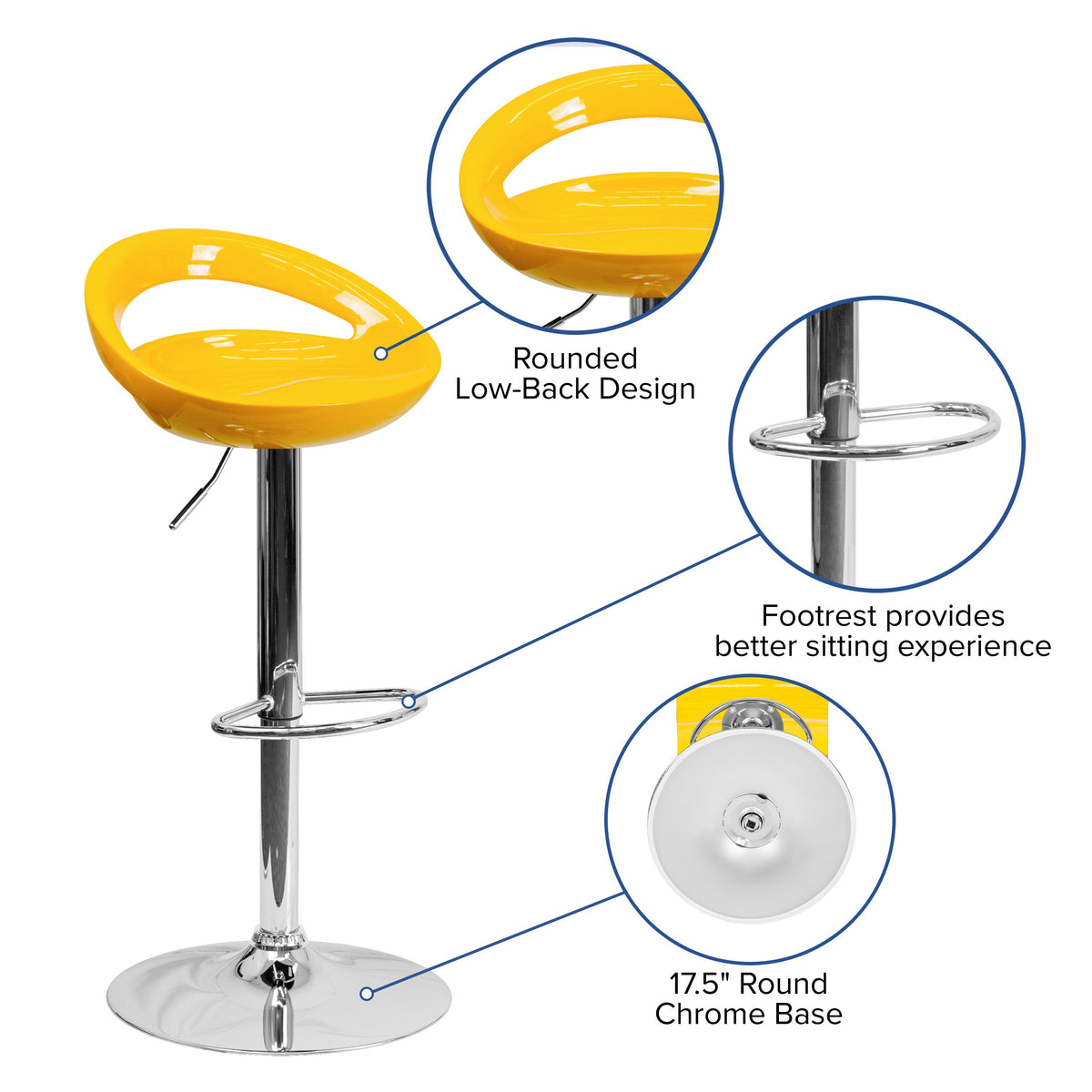 Yellow |#| Yellow Plastic Adjustable Height Barstool w/ Rounded Cutout Back & Chrome Base