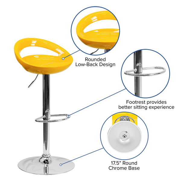 Yellow |#| Yellow Plastic Adjustable Height Barstool w/ Rounded Cutout Back & Chrome Base