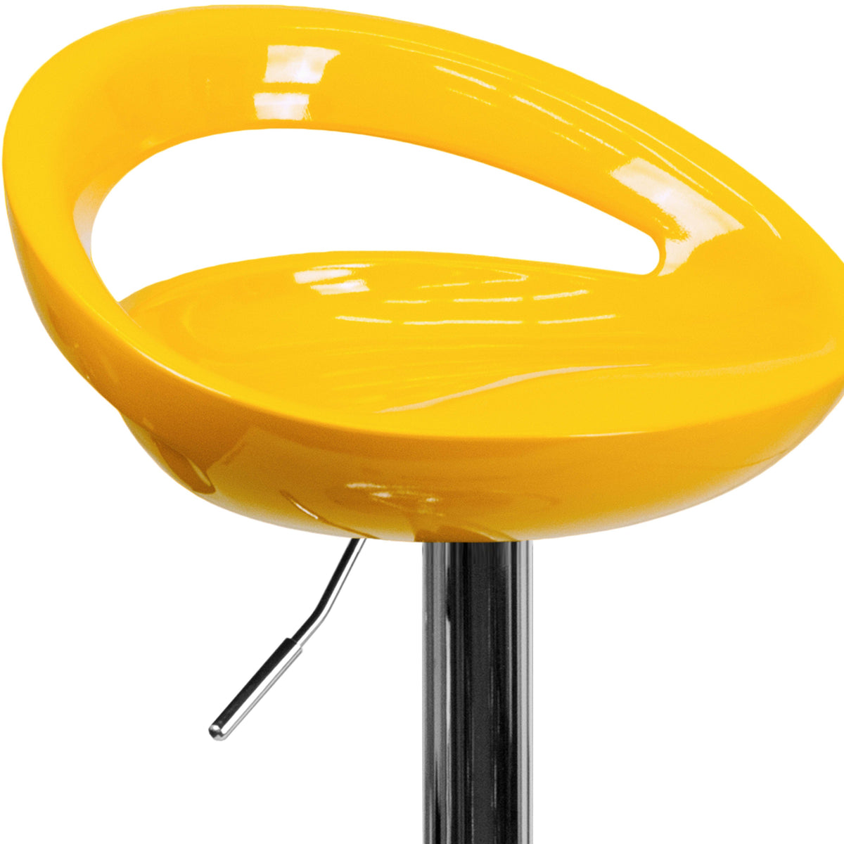 Yellow |#| Yellow Plastic Adjustable Height Barstool w/ Rounded Cutout Back & Chrome Base