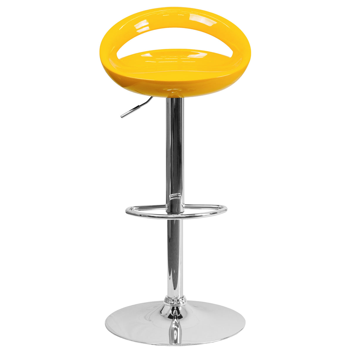 Yellow |#| Yellow Plastic Adjustable Height Barstool w/ Rounded Cutout Back & Chrome Base