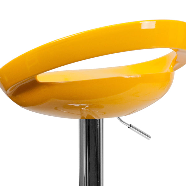 Yellow |#| Yellow Plastic Adjustable Height Barstool w/ Rounded Cutout Back & Chrome Base