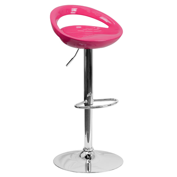 Pink |#| Pink Plastic Adjustable Height Barstool with Rounded Cutout Back & Chrome Base