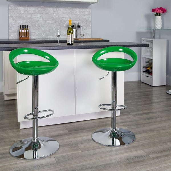 Green |#| Green Plastic Adjustable Height Barstool with Rounded Cutout Back & Chrome Base