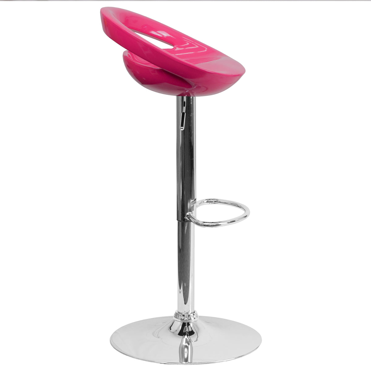 Pink |#| Pink Plastic Adjustable Height Barstool with Rounded Cutout Back & Chrome Base