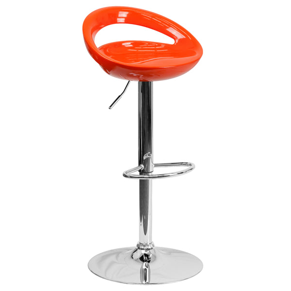 Orange |#| Orange Plastic Adjustable Height Barstool w/ Rounded Cutout Back & Chrome Base