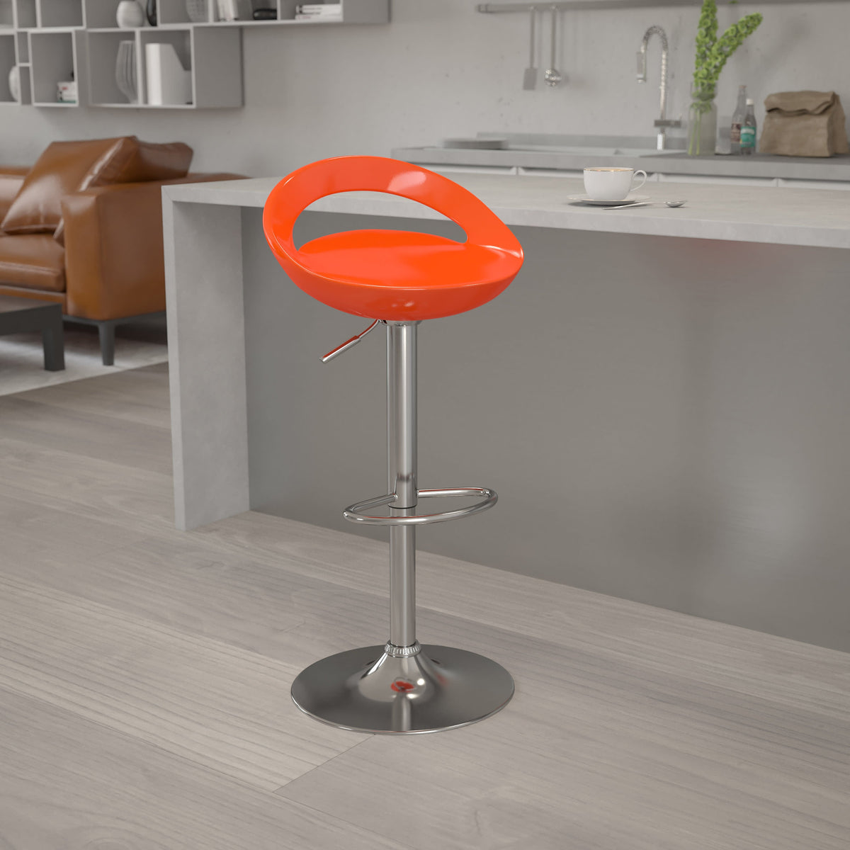 Orange |#| Orange Plastic Adjustable Height Barstool w/ Rounded Cutout Back & Chrome Base