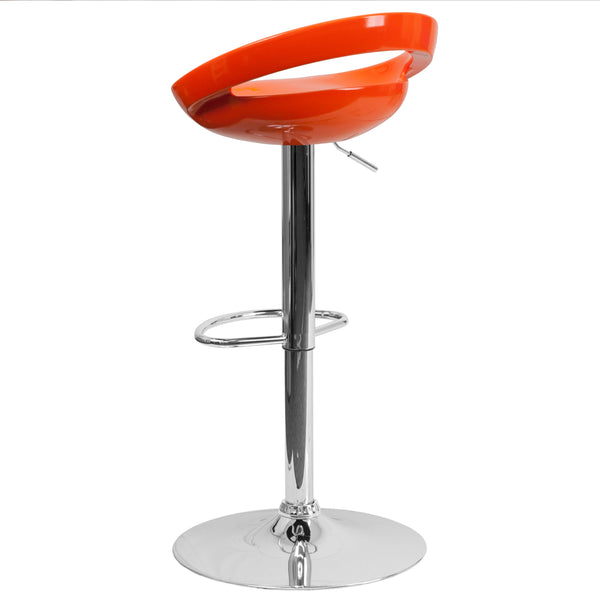 Orange |#| Orange Plastic Adjustable Height Barstool w/ Rounded Cutout Back & Chrome Base