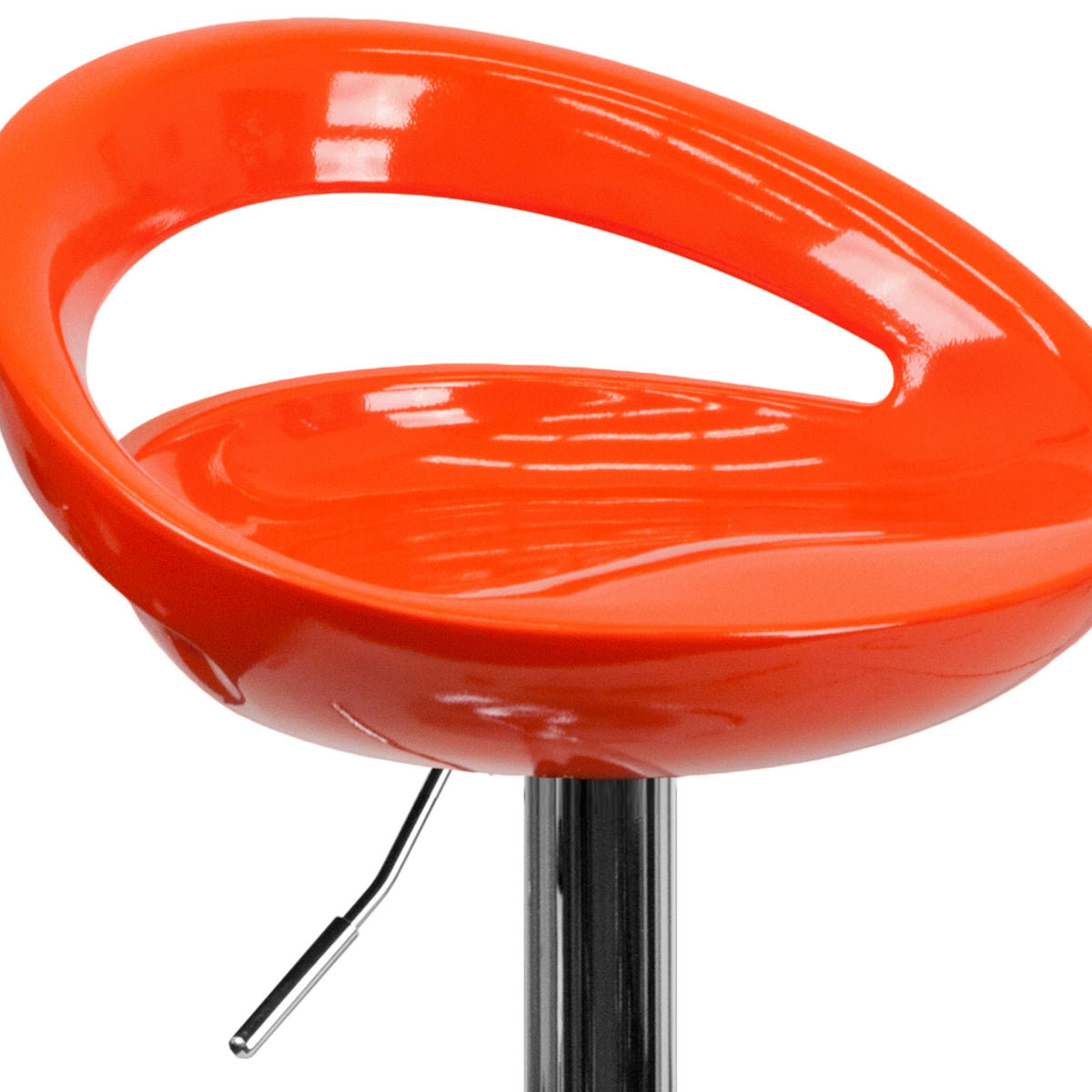 Orange |#| Orange Plastic Adjustable Height Barstool w/ Rounded Cutout Back & Chrome Base