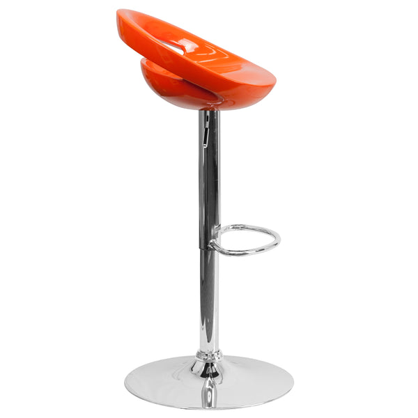 Orange |#| Orange Plastic Adjustable Height Barstool w/ Rounded Cutout Back & Chrome Base