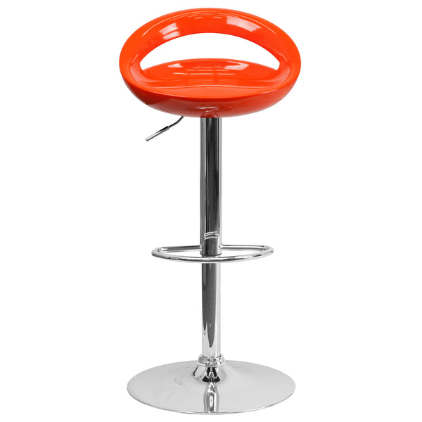 Orange |#| Orange Plastic Adjustable Height Barstool w/ Rounded Cutout Back & Chrome Base