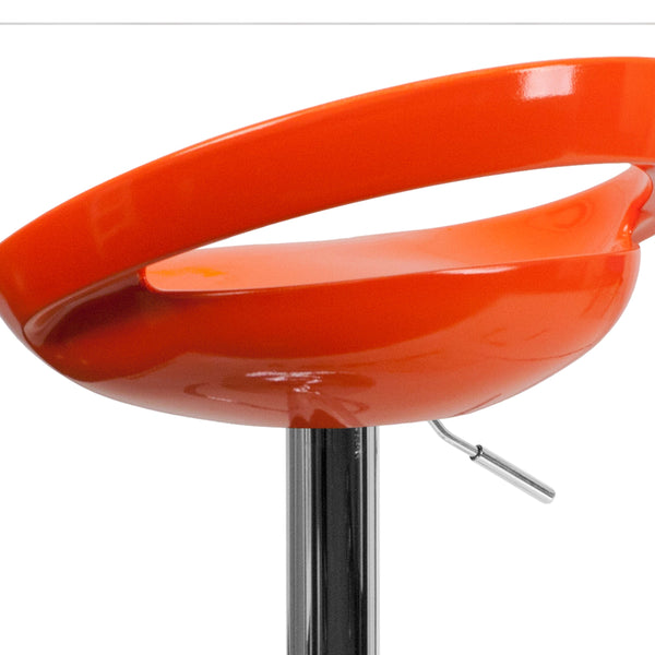 Orange |#| Orange Plastic Adjustable Height Barstool w/ Rounded Cutout Back & Chrome Base