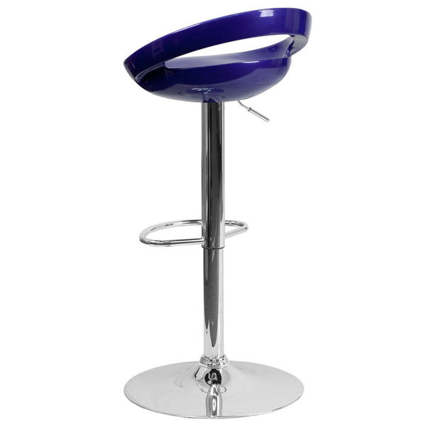 Blue |#| Blue Plastic Adjustable Height Barstool with Rounded Cutout Back & Chrome Base