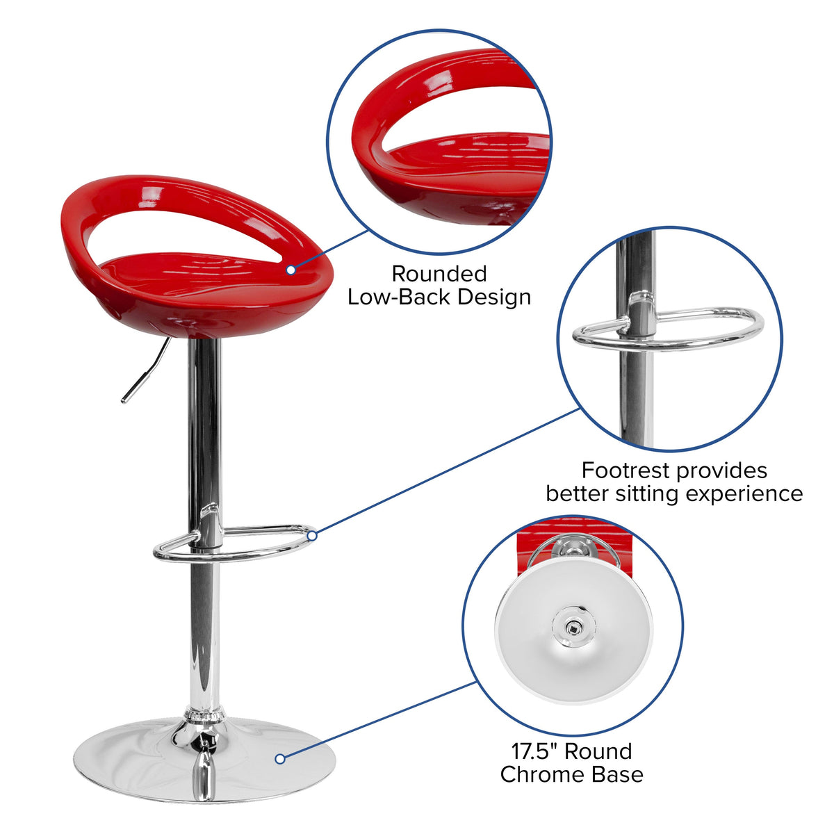 Red |#| Red Plastic Adjustable Height Barstool with Rounded Cutout Back and Chrome Base