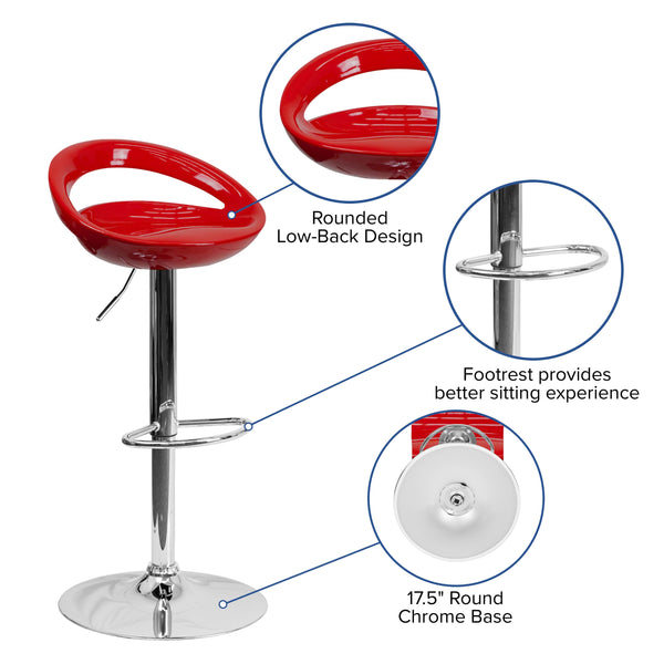 Red |#| Red Plastic Adjustable Height Barstool with Rounded Cutout Back and Chrome Base