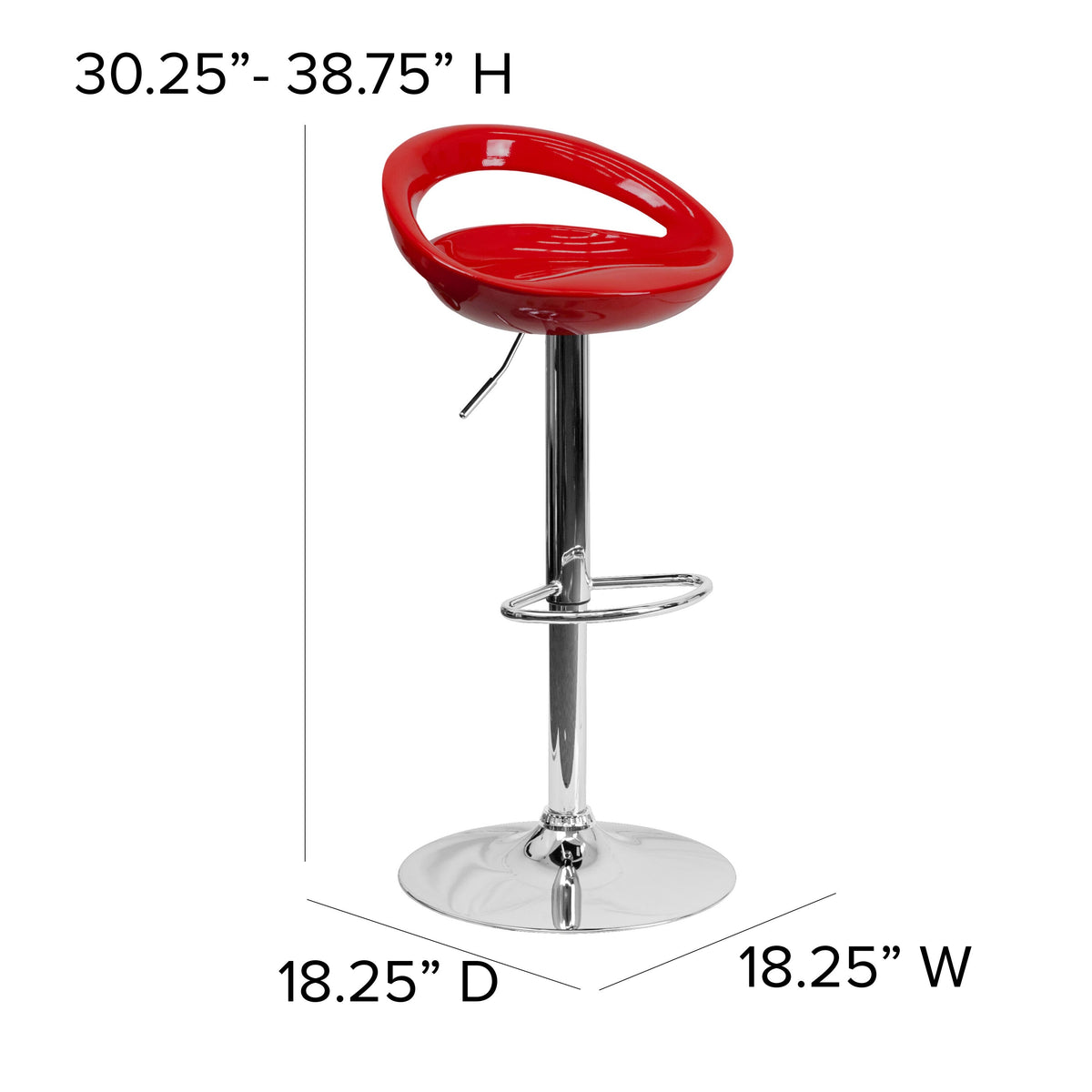 Red |#| Red Plastic Adjustable Height Barstool with Rounded Cutout Back and Chrome Base