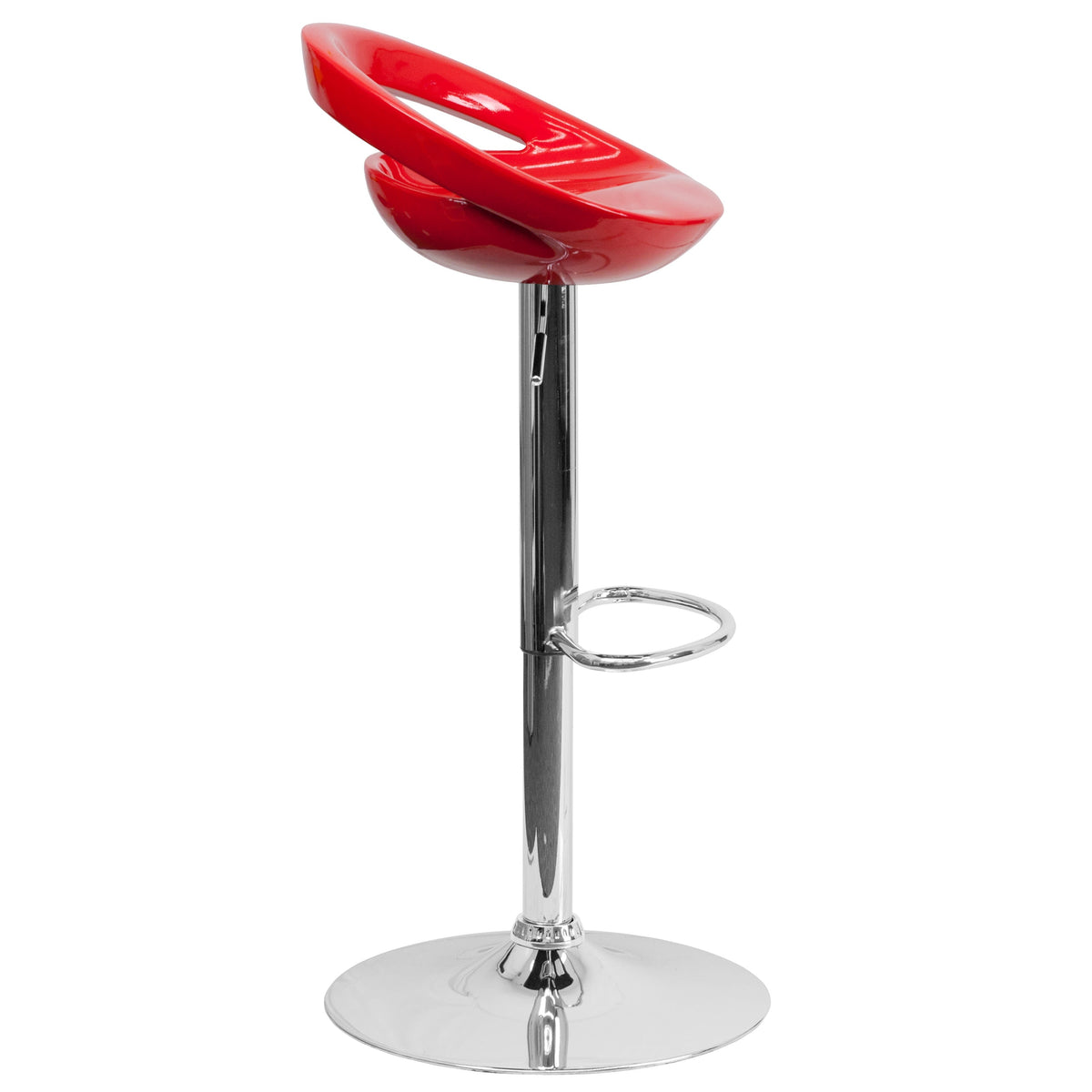 Red |#| Red Plastic Adjustable Height Barstool with Rounded Cutout Back and Chrome Base