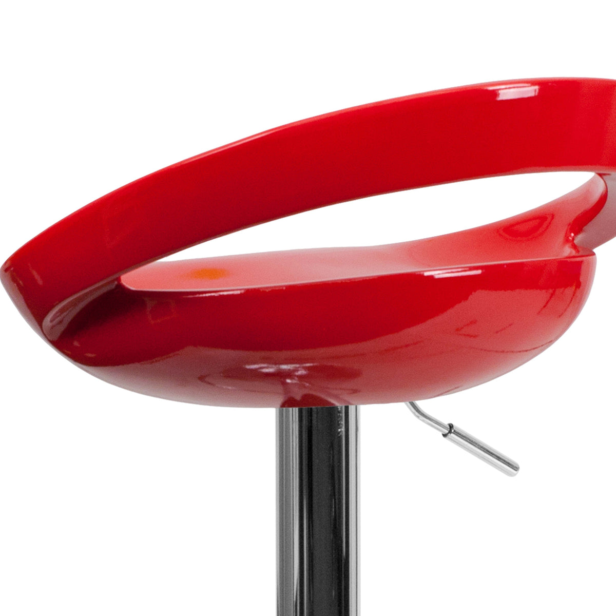 Red |#| Red Plastic Adjustable Height Barstool with Rounded Cutout Back and Chrome Base