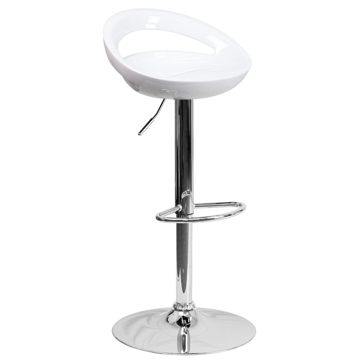 White |#| White Plastic Adjustable Height Barstool with Rounded Cutout Back & Chrome Base