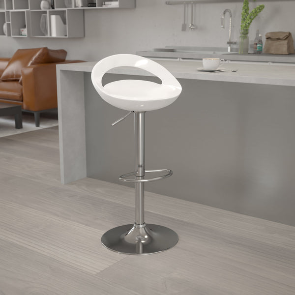 White |#| White Plastic Adjustable Height Barstool with Rounded Cutout Back & Chrome Base