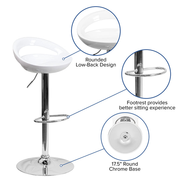 White |#| White Plastic Adjustable Height Barstool with Rounded Cutout Back & Chrome Base