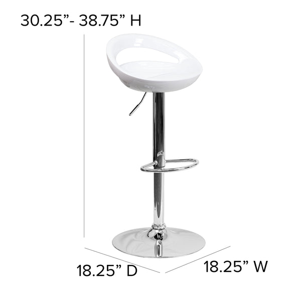 White |#| White Plastic Adjustable Height Barstool with Rounded Cutout Back & Chrome Base