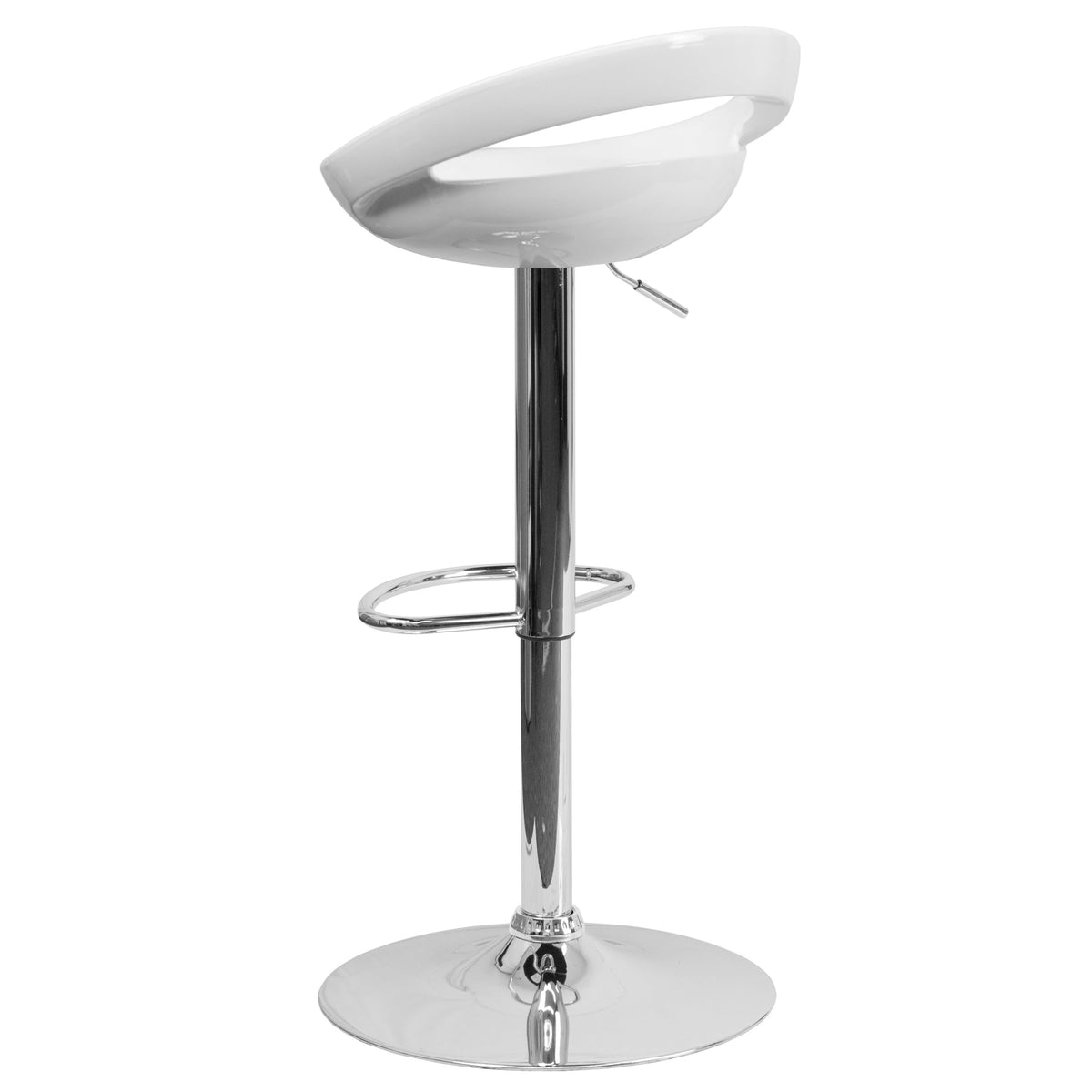 White |#| White Plastic Adjustable Height Barstool with Rounded Cutout Back & Chrome Base