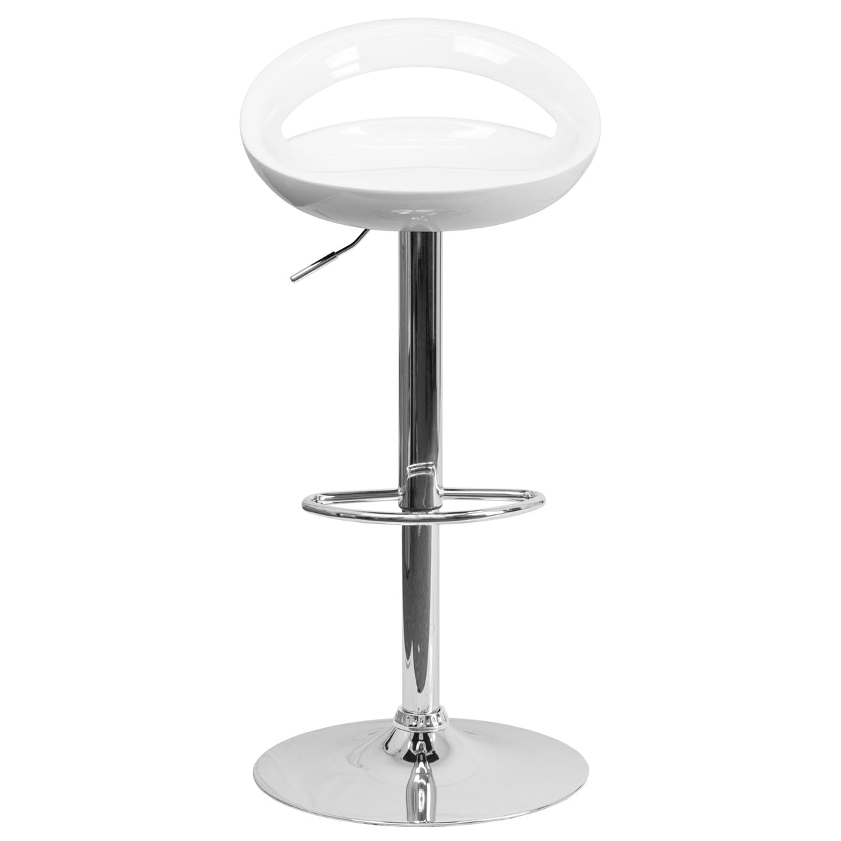 White |#| White Plastic Adjustable Height Barstool with Rounded Cutout Back & Chrome Base