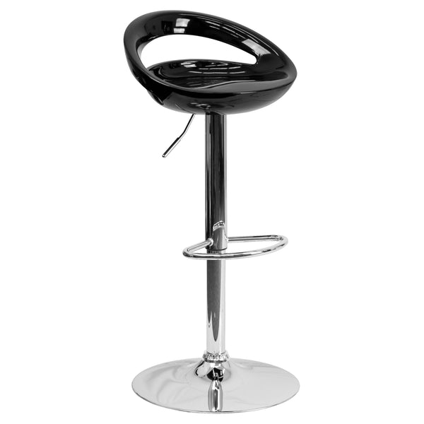 Black |#| Black Plastic Adjustable Height Barstool with Rounded Cutout Back & Chrome Base