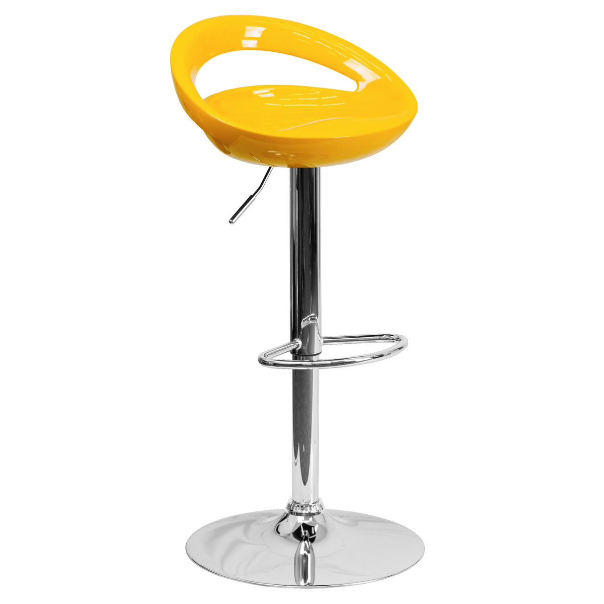 Yellow |#| Yellow Plastic Adjustable Height Barstool w/ Rounded Cutout Back & Chrome Base