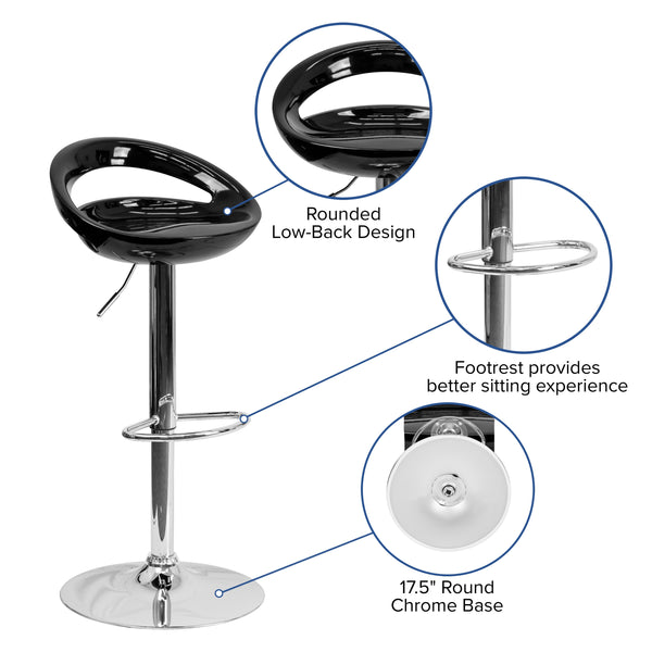 Black |#| Black Plastic Adjustable Height Barstool with Rounded Cutout Back & Chrome Base