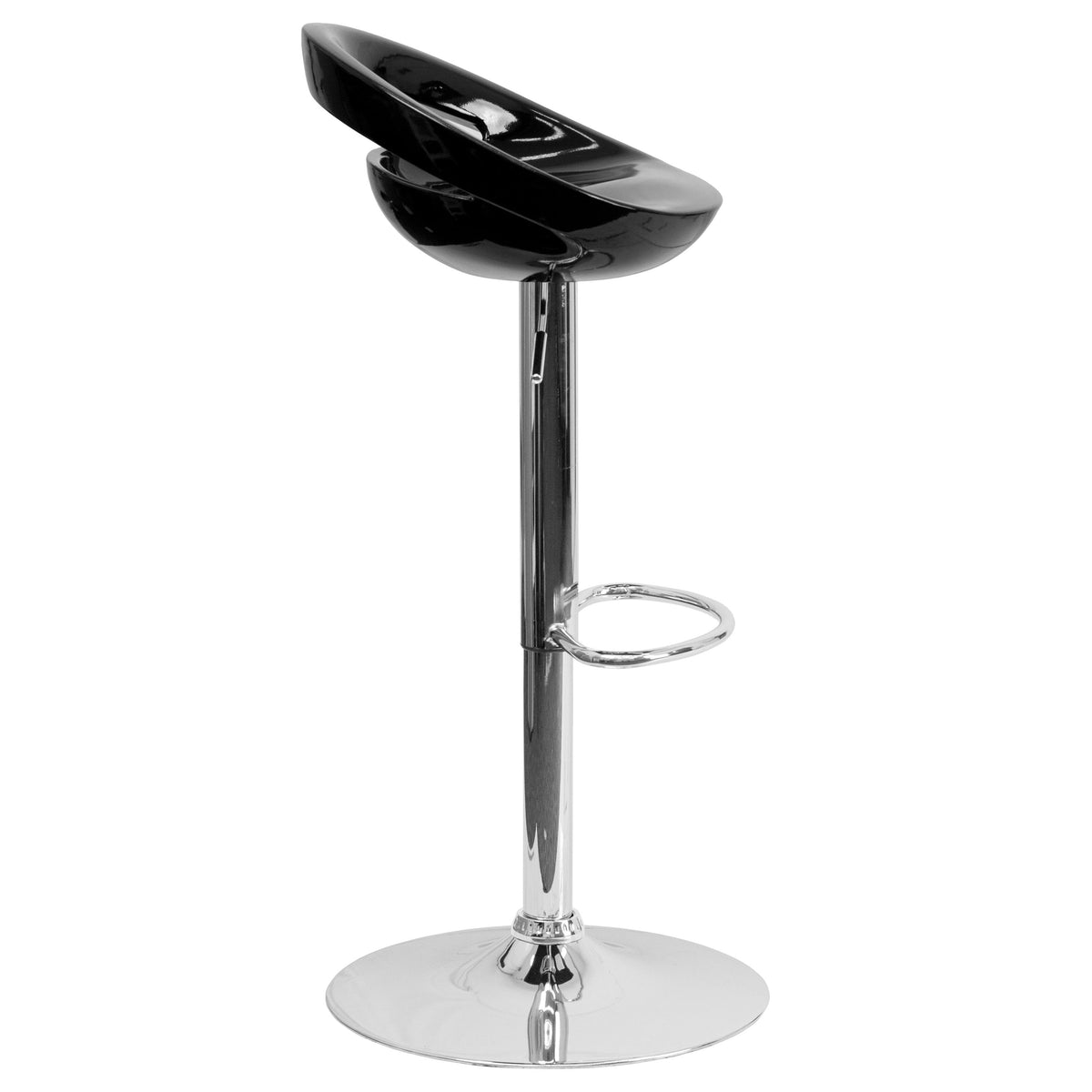 Black |#| Black Plastic Adjustable Height Barstool with Rounded Cutout Back & Chrome Base