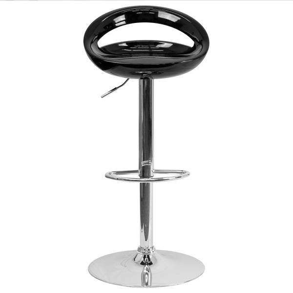 Black |#| Black Plastic Adjustable Height Barstool with Rounded Cutout Back & Chrome Base