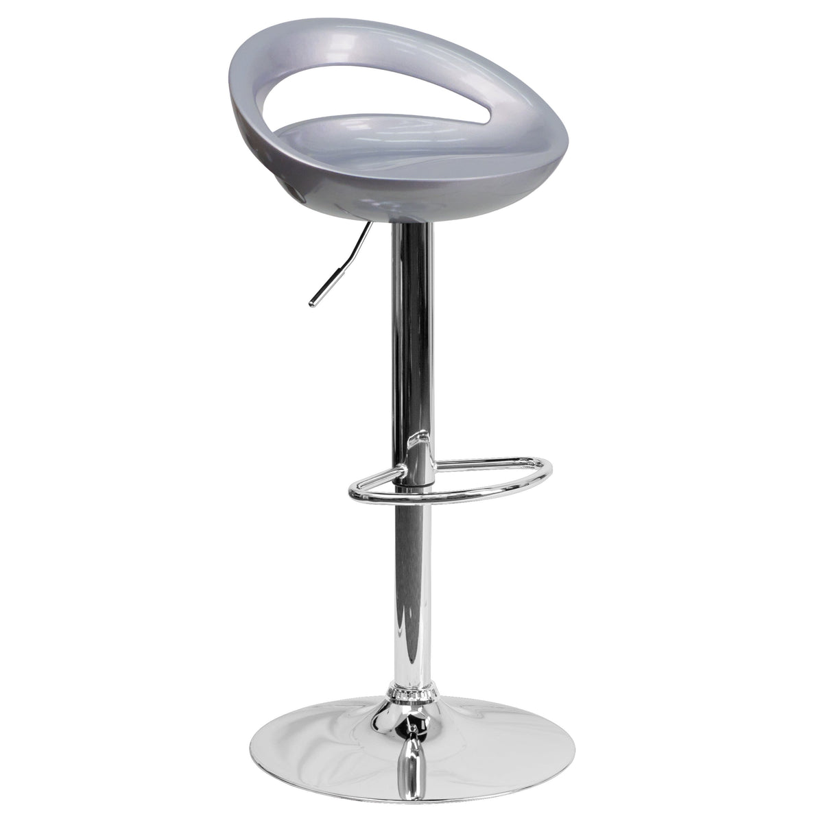 Silver |#| Silver Plastic Adjustable Height Barstool w/ Rounded Cutout Back & Chrome Base