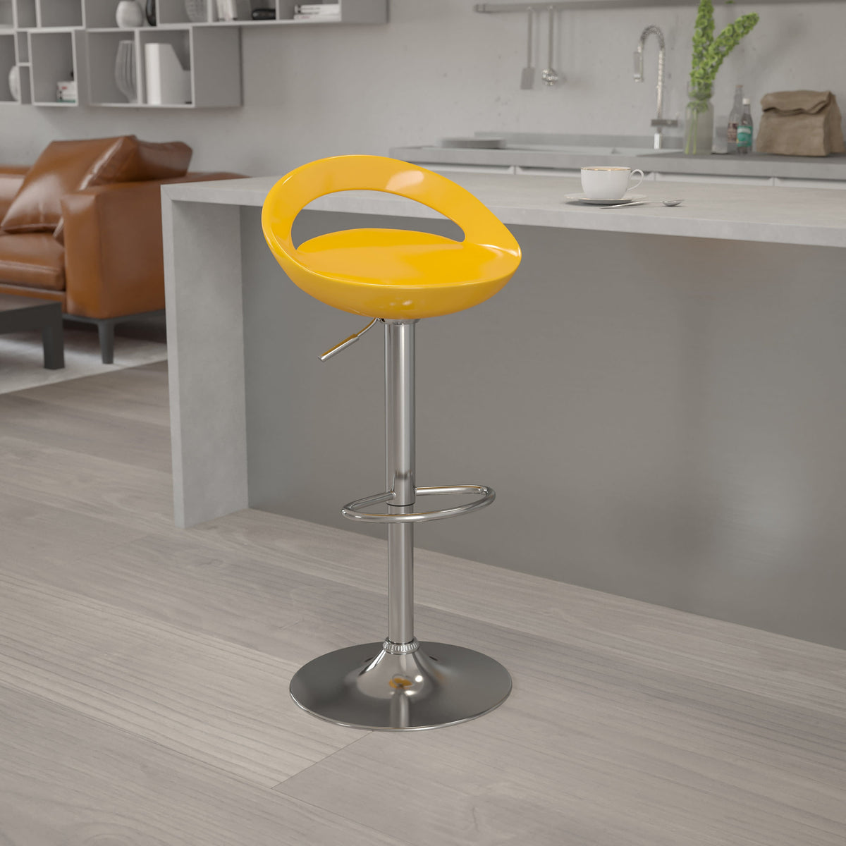 Yellow |#| Yellow Plastic Adjustable Height Barstool w/ Rounded Cutout Back & Chrome Base